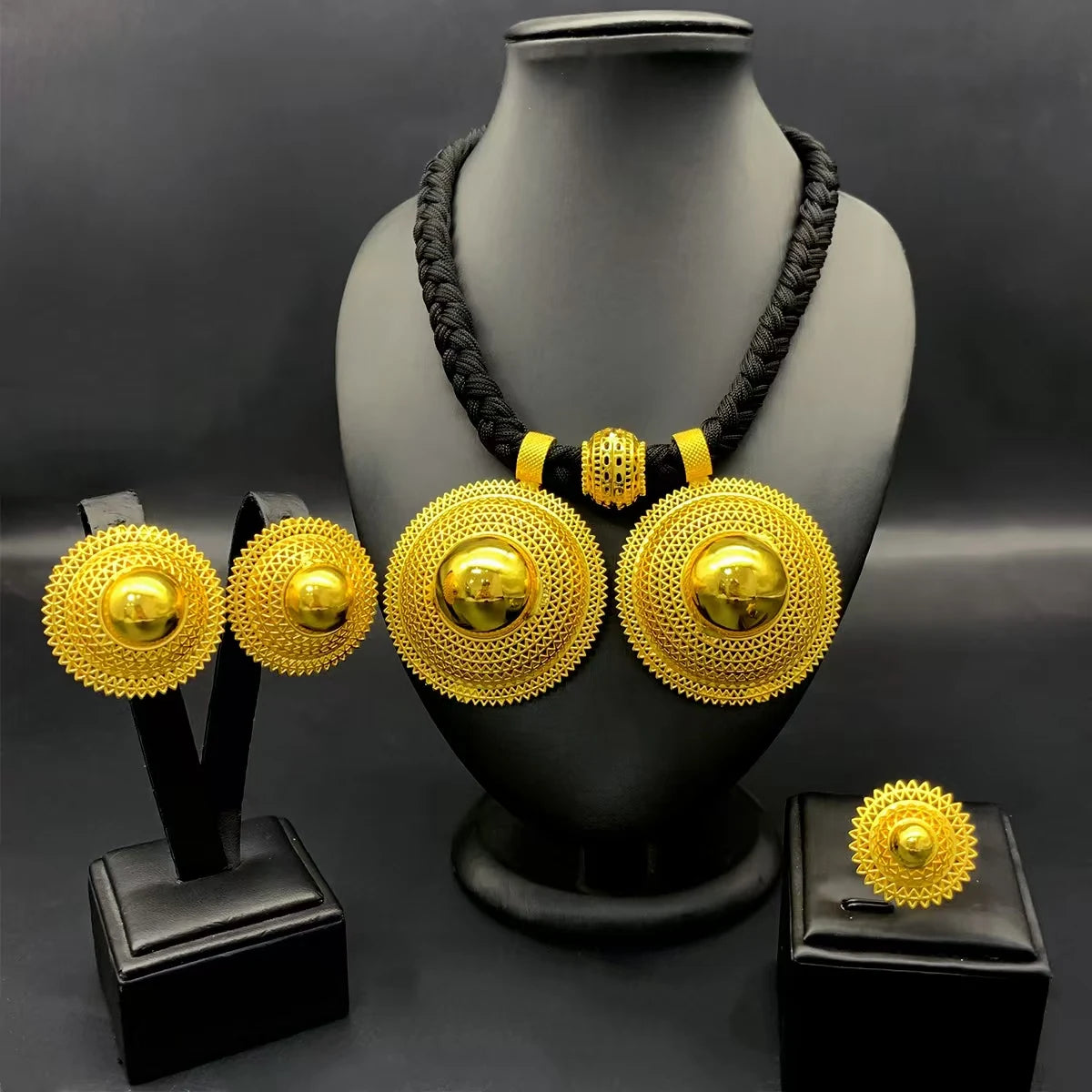24K Gold Plated Habesha 3 Set Jewelry Set, Black Rope Necklace
