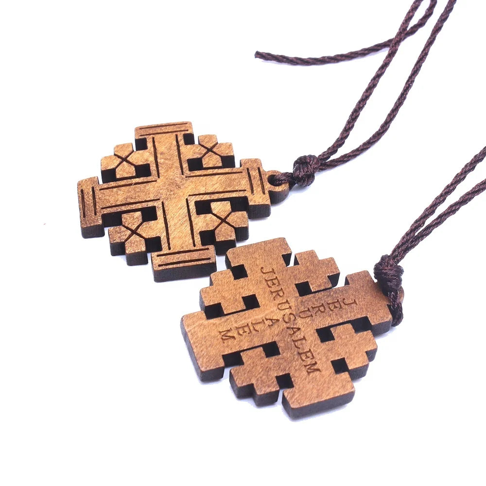Wood Jerusalem Cross Necklace, Wood Religious necklace