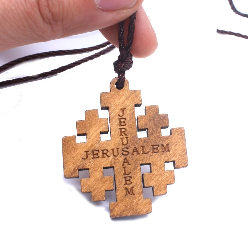 Wood Jerusalem Cross Necklace, Wood Religious necklace
