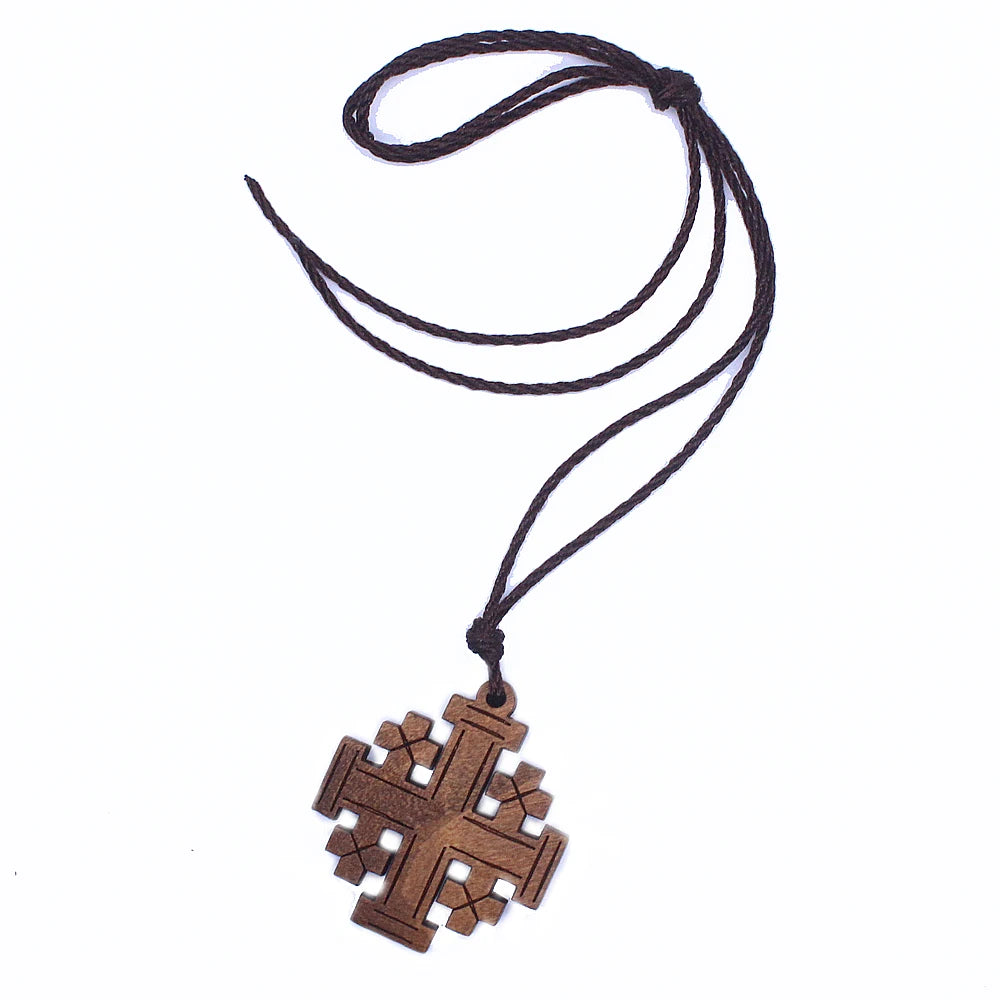 Wood Jerusalem Cross Necklace, Wood Religious necklace