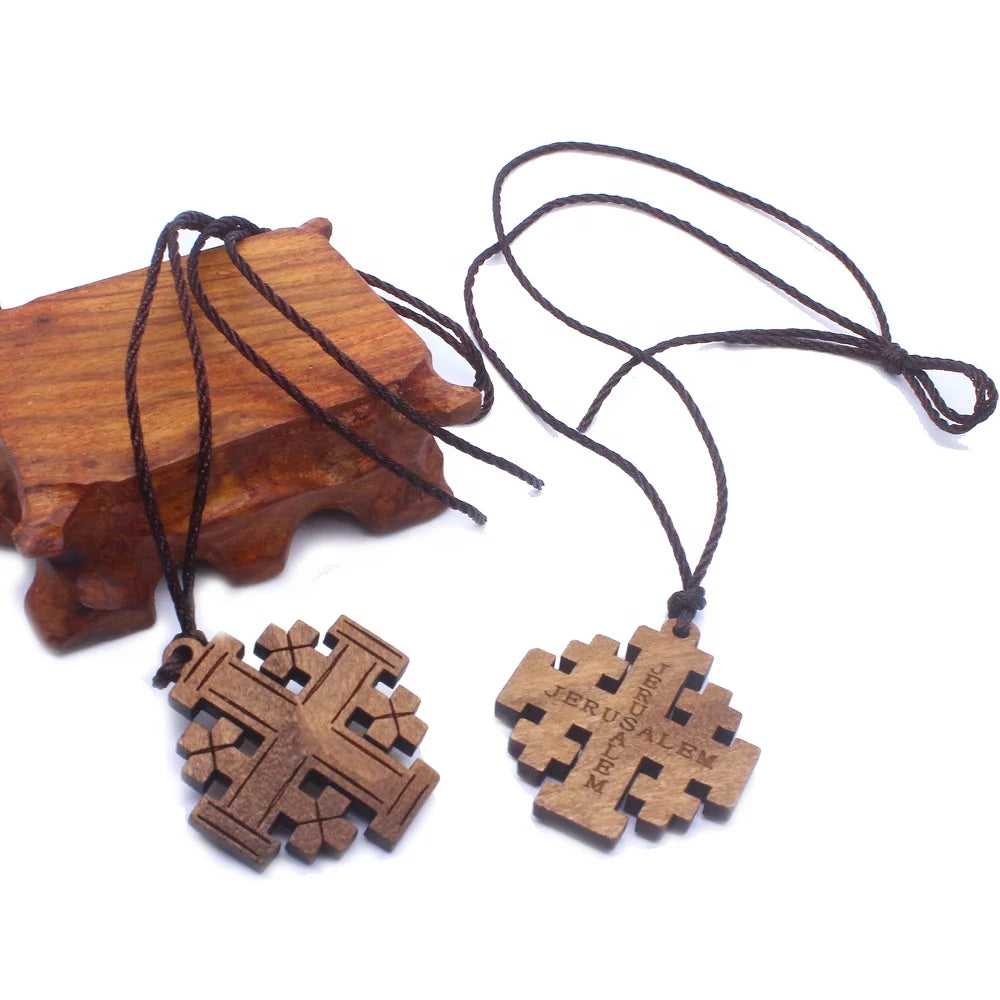Wood Jerusalem Cross Necklace, Wood Religious necklace