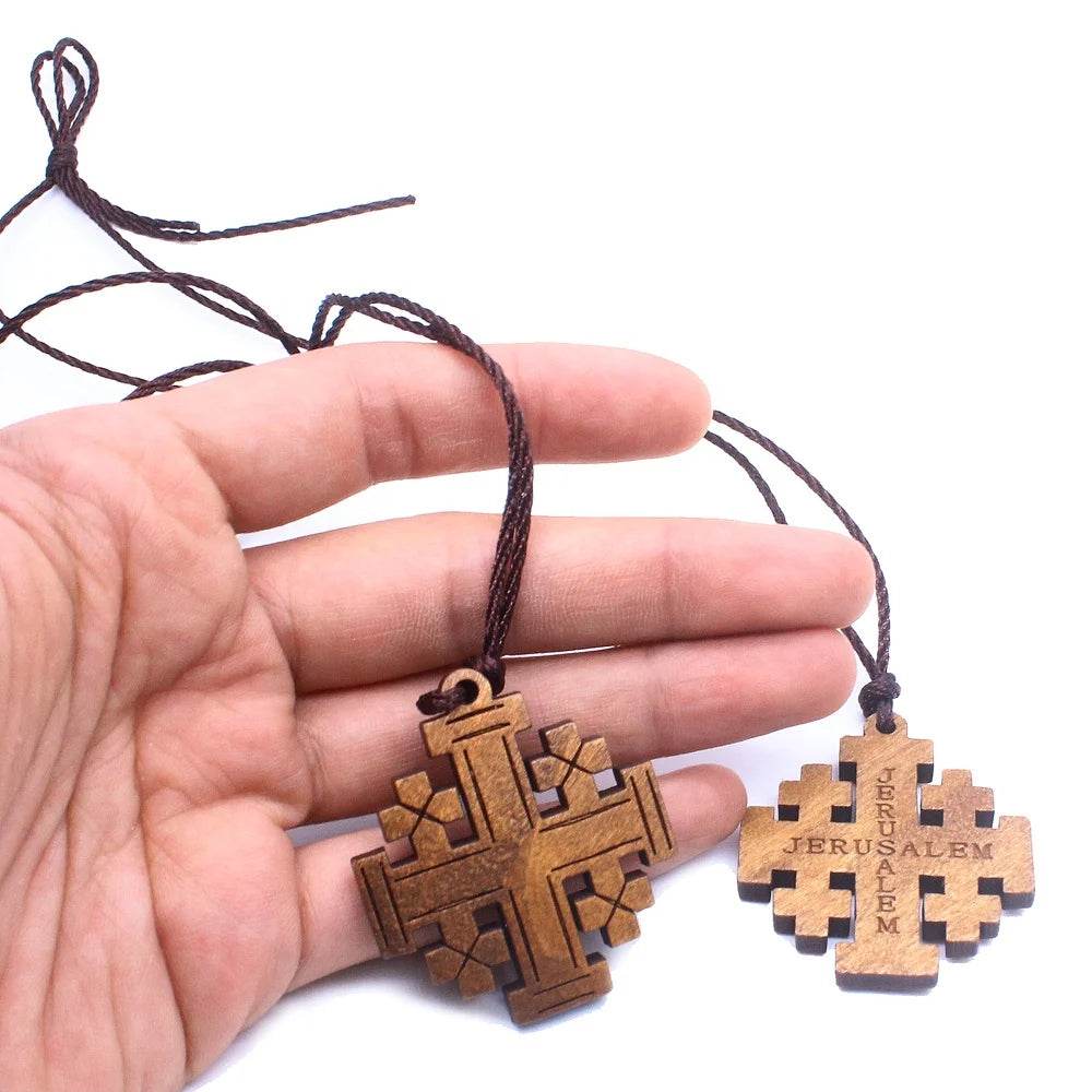 Wood Jerusalem Cross Necklace, Wood Religious necklace