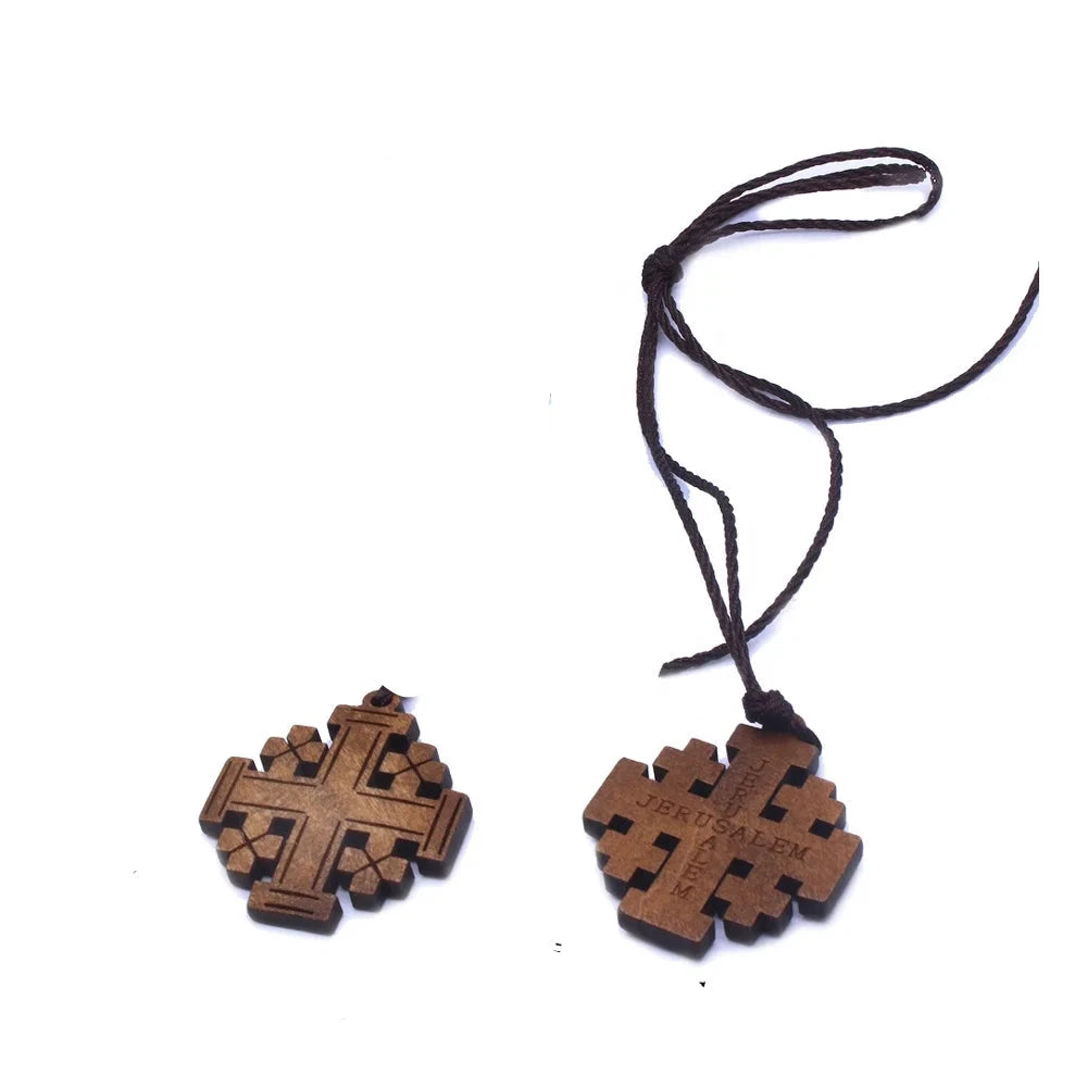Wood Jerusalem Cross Necklace, Wood Religious necklace