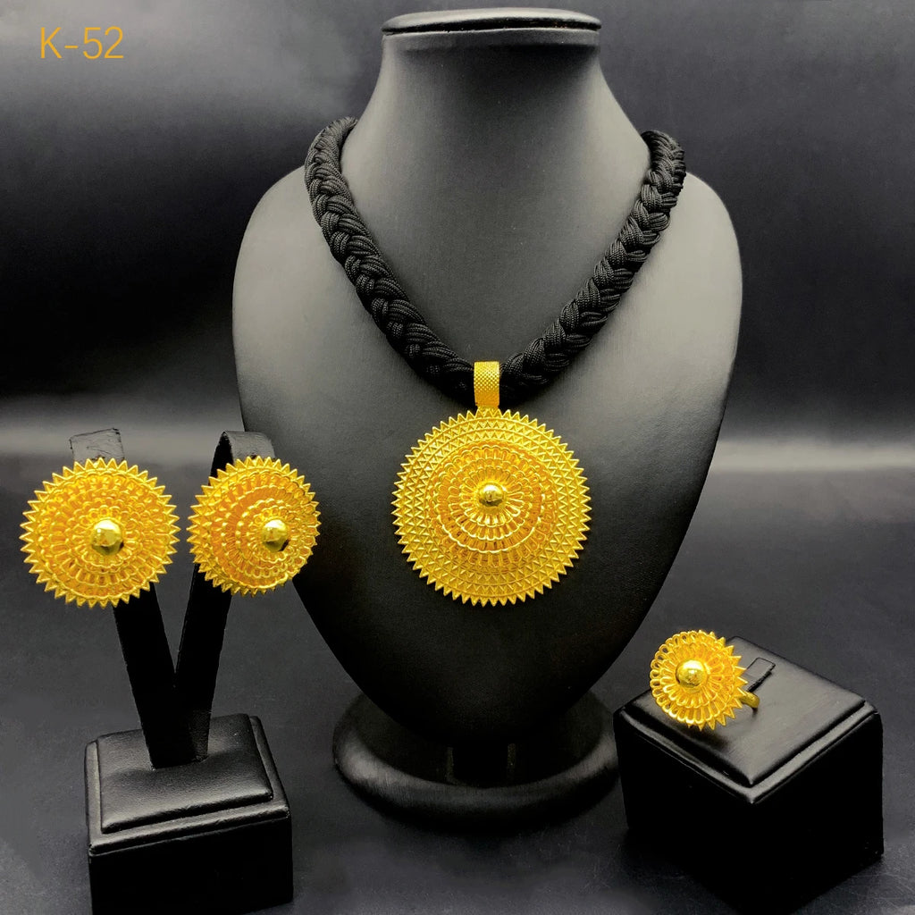 24K Gold Plated Habesha 3 Set Jewelry Set, Black Rope Necklace