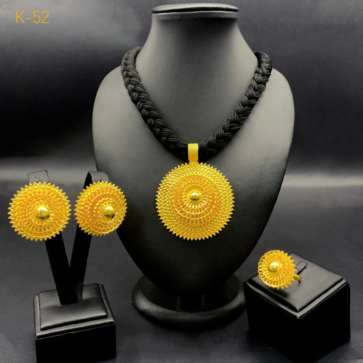 24K Gold Plated Habesha 3 Set Jewelry Set, Black Rope Necklace