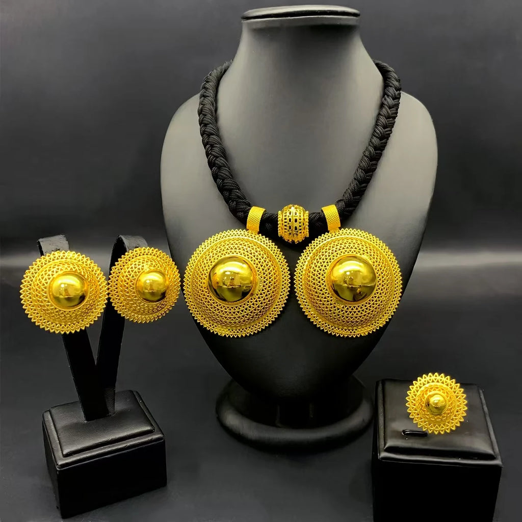 24K Gold Plated Habesha 3 Set Jewelry Set, Black Rope Necklace