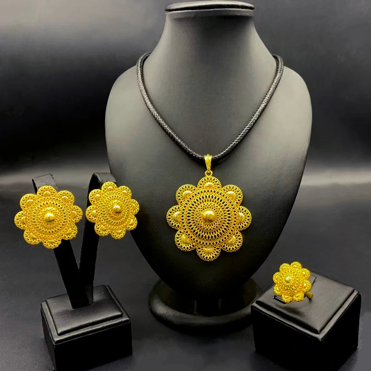 24K Gold Plated Habesha 3 Set Jewelry Set, Black Rope Necklace