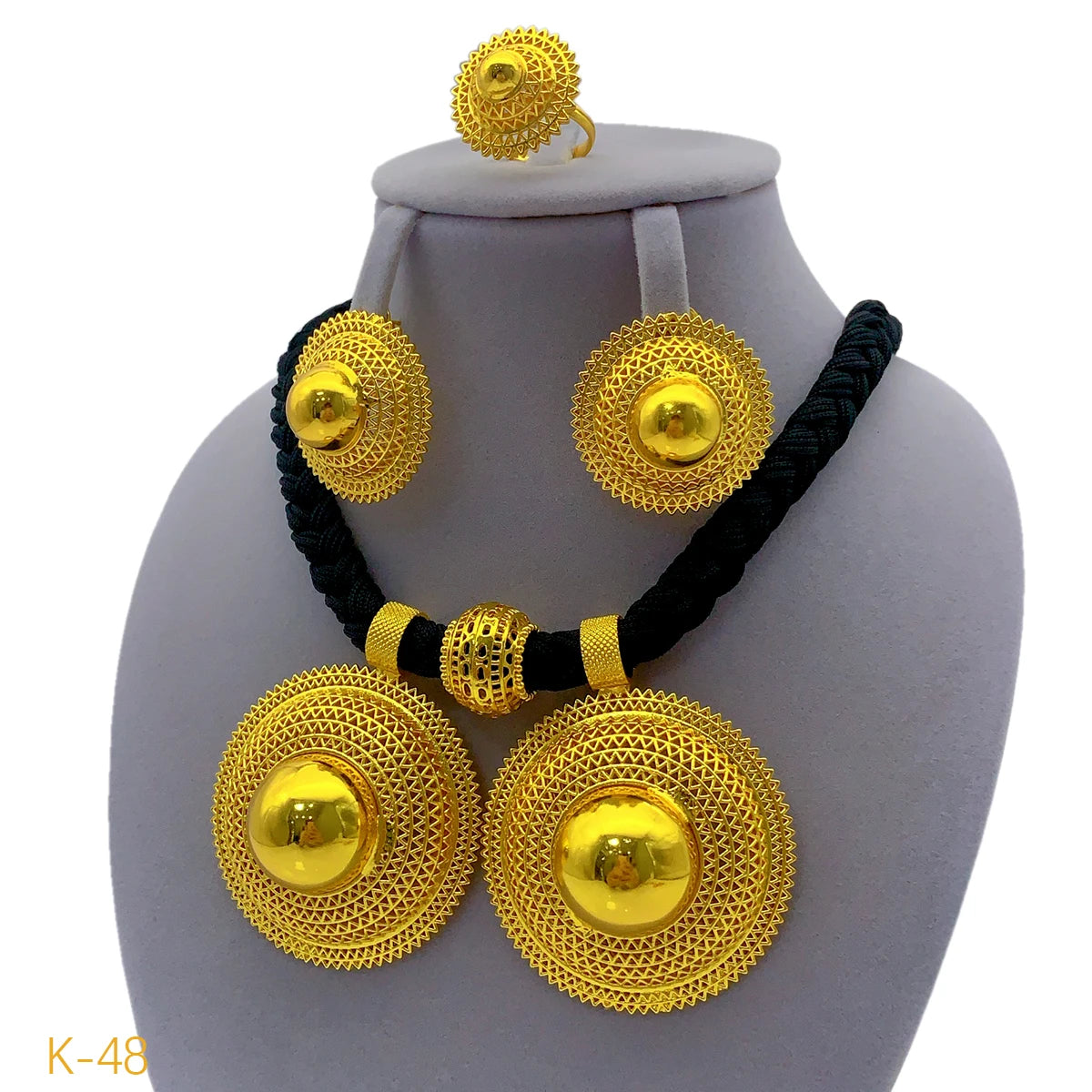 24K Gold Plated Habesha Jewelry Set, Black Rope Necklace Ethiopian & Eritrean Bridal Wedding Jewelry