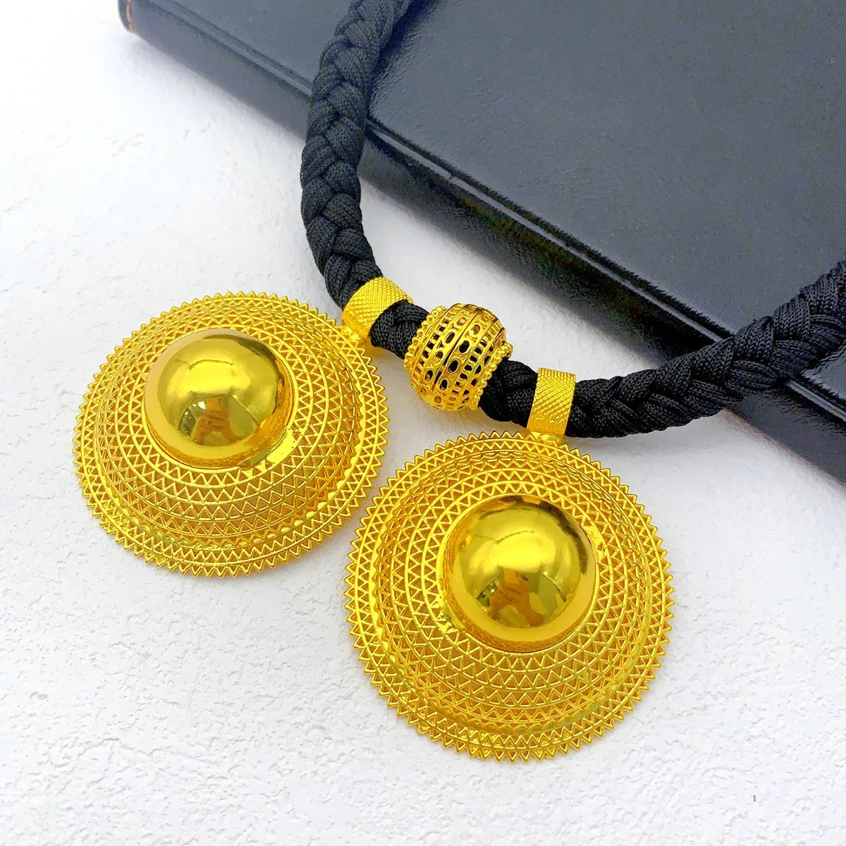 24K Gold Plated Habesha Jewelry Set, Black Rope Necklace Ethiopian & Eritrean Bridal Wedding Jewelry