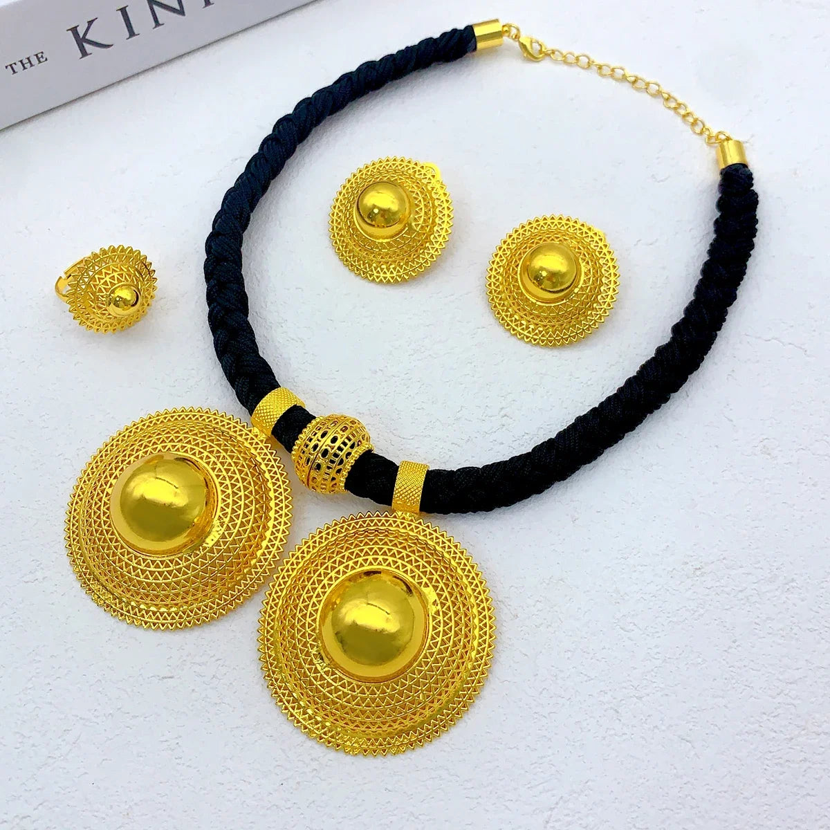 24K Gold Plated Habesha Jewelry Set, Black Rope Necklace Ethiopian & Eritrean Bridal Wedding Jewelry