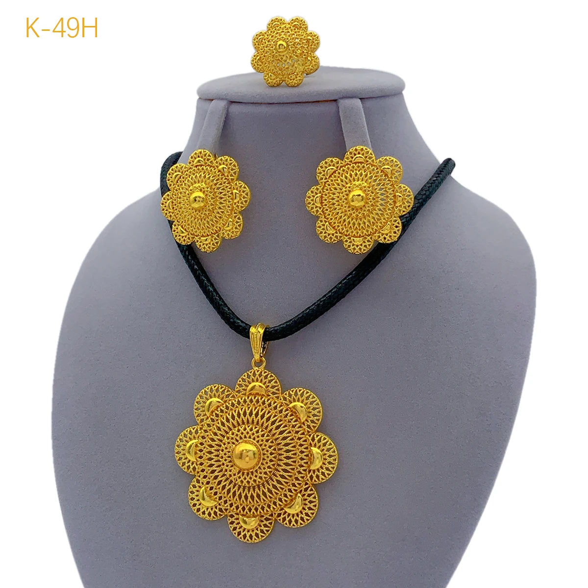 24K Gold Plated Habesha Jewelry Set, Black Rope Necklace Ethiopian & Eritrean Bridal Wedding Jewelry