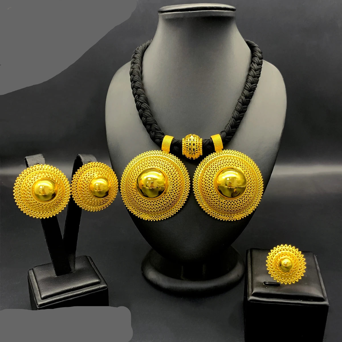 24K Gold Plated Habesha 3 Set Jewelry Set, Black Rope Necklace