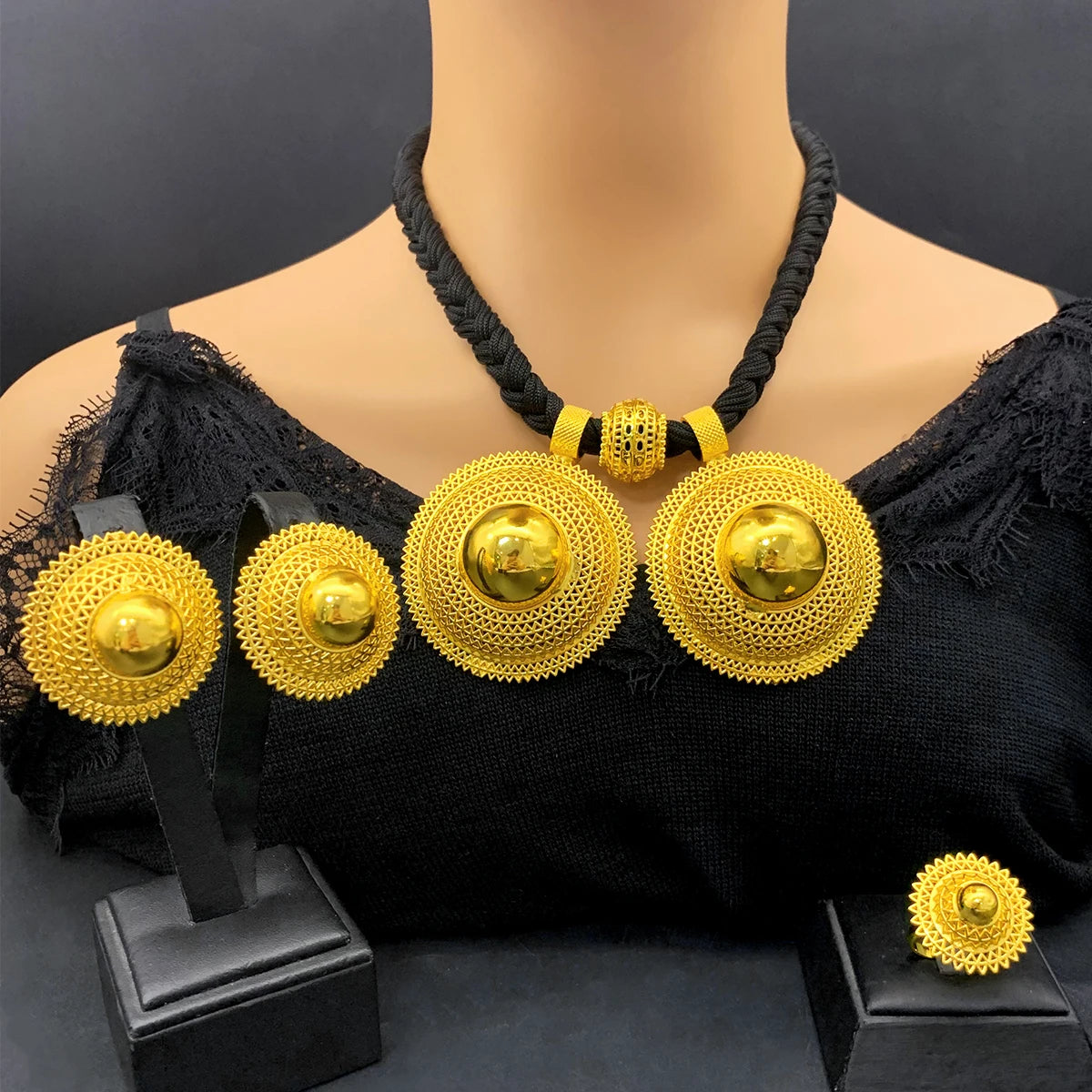 24K Gold Plated Habesha 3 Set Jewelry Set, Black Rope Necklace
