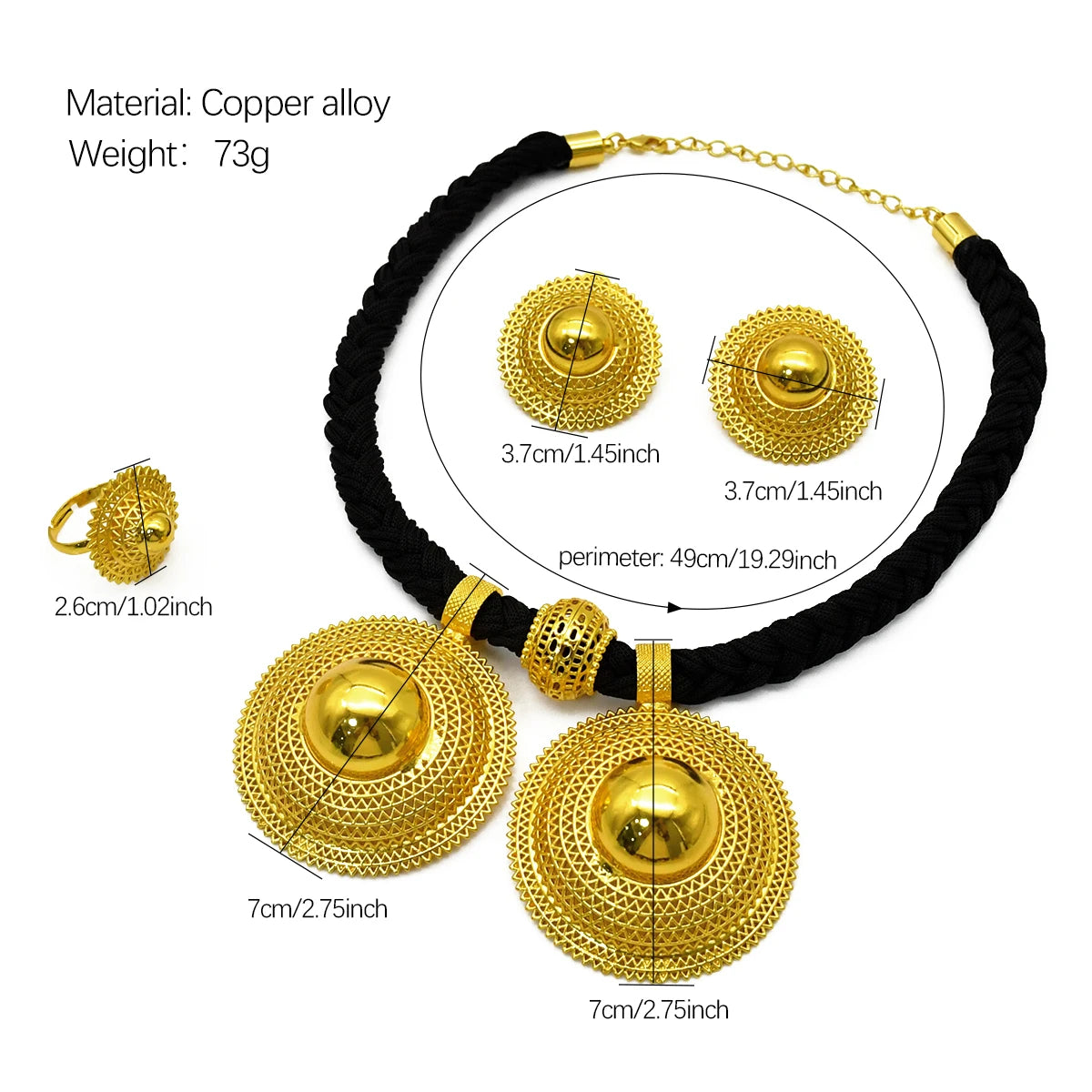 24K Gold Plated Habesha 3 Set Jewelry Set, Black Rope Necklace