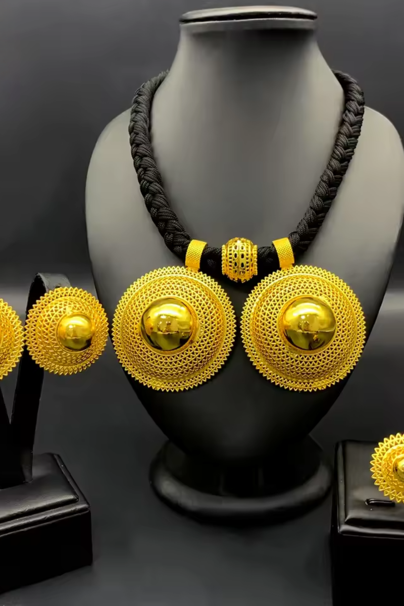 24K Gold Plated Habesha 3 Set Jewelry Set, Black Rope Necklace