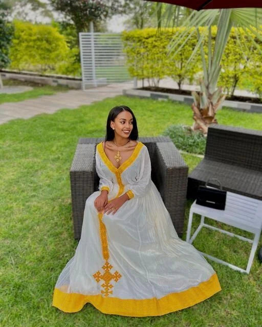 Zuria Habesha Kemis Ethiopian Dress - Yellow Tilf Habesha Dress