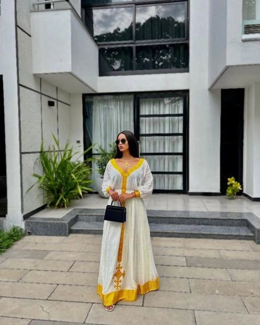 Zuria Habesha Kemis Ethiopian Dress - Yellow Tilf Habesha Dress